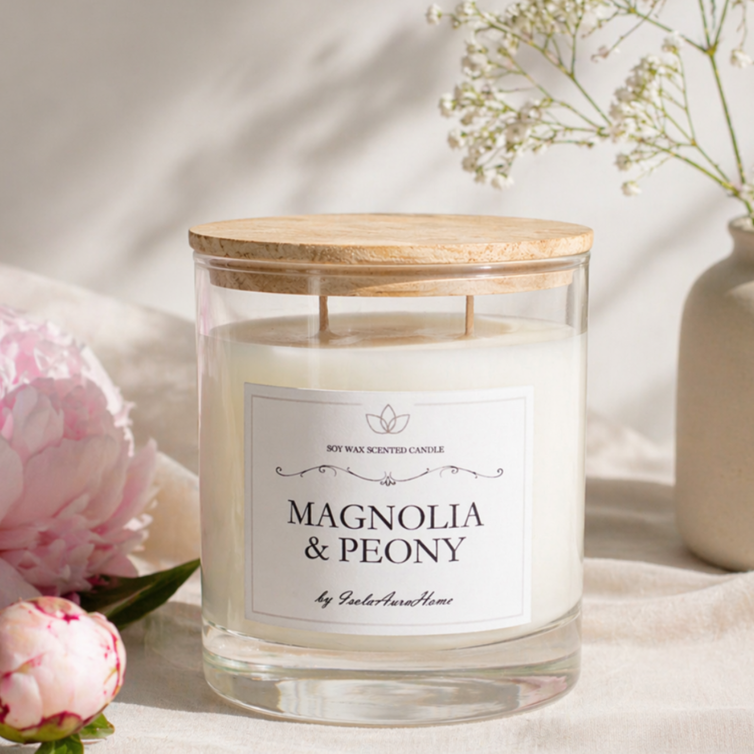 Magnolia and peony soy wax candle in glass jar with wooden lid
Handmade floral scented candle gift for her in minimalist glass jar