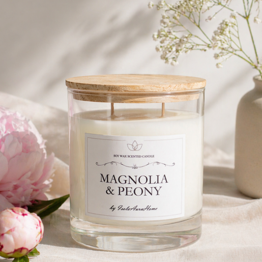 Magnolia and peony soy wax candle in glass jar with wooden lid
Handmade floral scented candle gift for her in minimalist glass jar